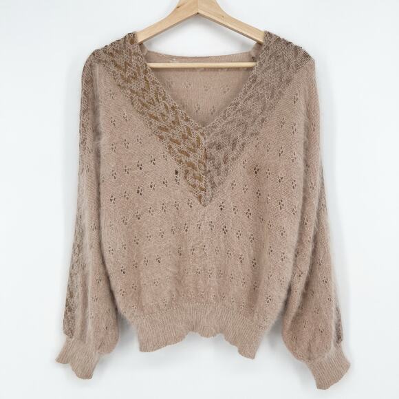 Vintage Mixed Knit Angora Blend Sweater V Neck Pullover Womens M/L Taupe Eyelet - Picture 1 of 11